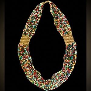 Beautiful Multicolored & Gold 20 Strand Seed Bead Statement Necklace 27”